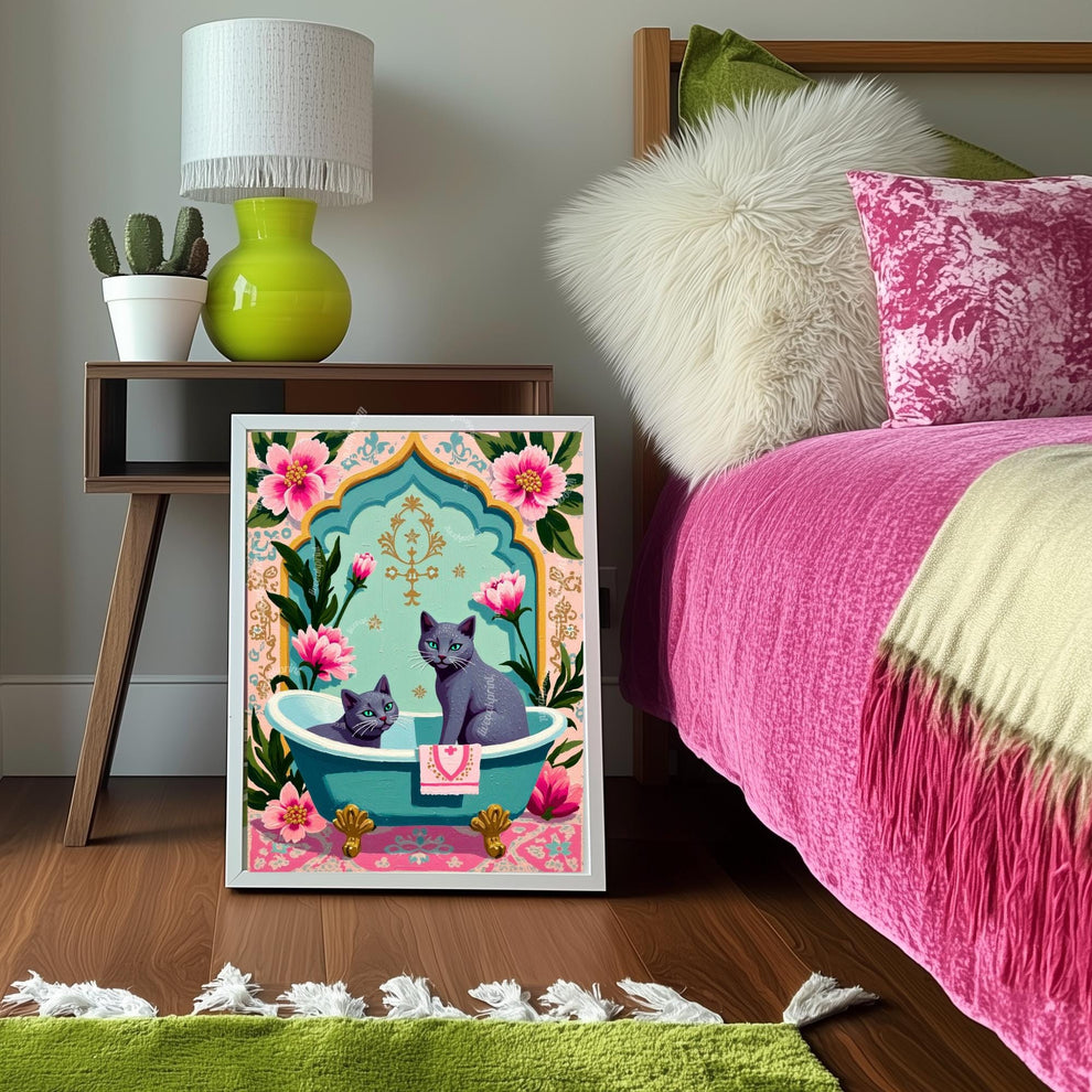 Two Russian Blue Cats Bathtub Art Print – Grandmacore Bathroom Wall Decor, Pink Floral Powder Room Wall Art, Cat Lover Gift