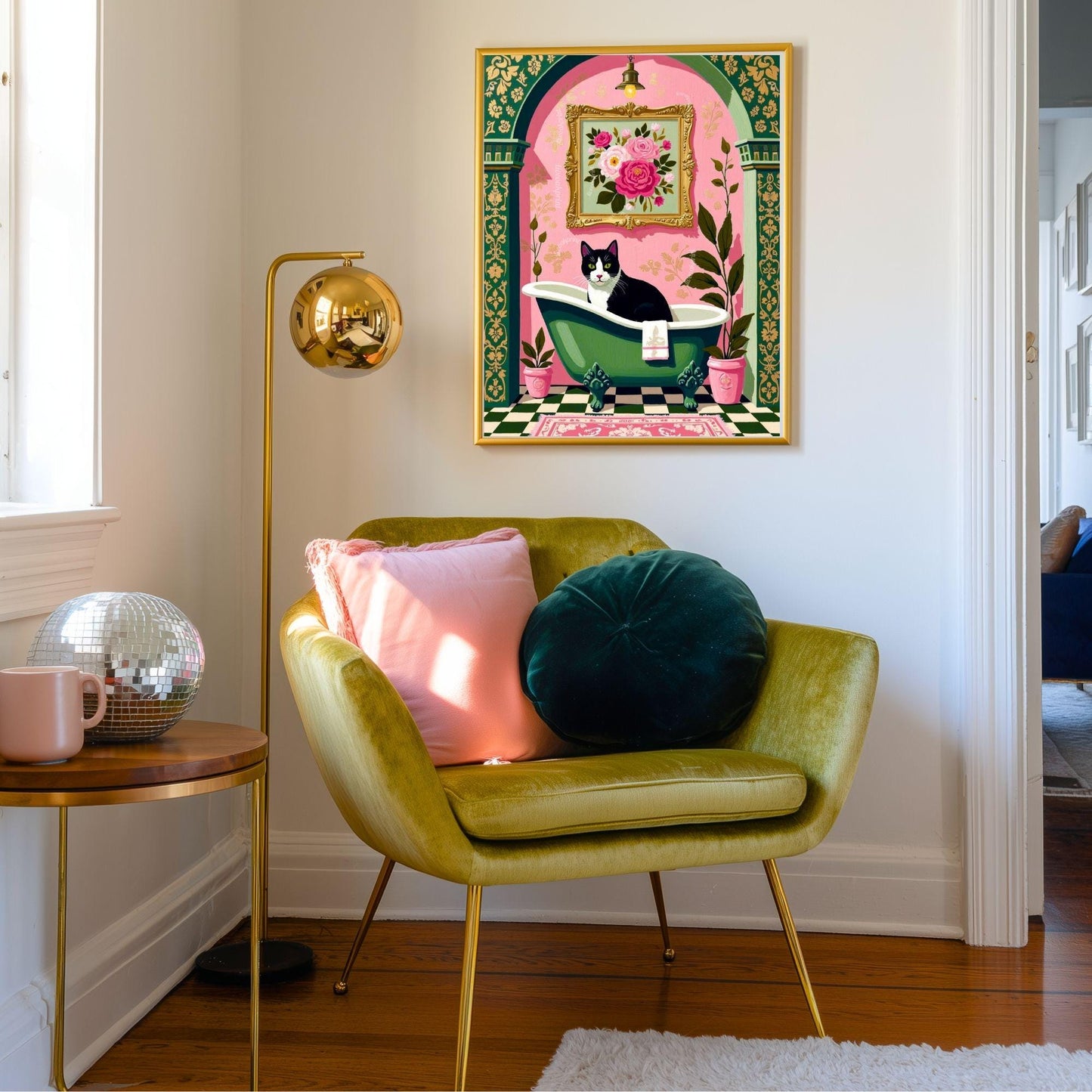 Tuxedo Cat Bathroom Art Print – Grandmacore Powder Room Decor, Pink Floral Cat Wall Art, Cat Lover Gift 2026