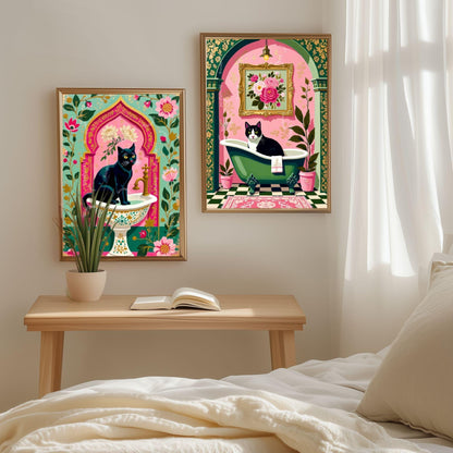 Tuxedo Cat Bathroom Art Print – Grandmacore Powder Room Decor, Pink Floral Cat Wall Art, Cat Lover Gift 2026