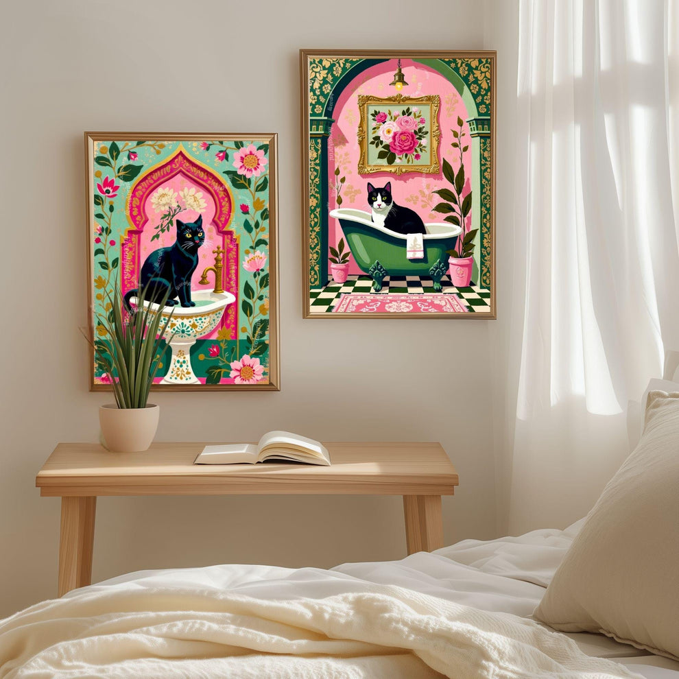 Tuxedo Cat Bathroom Art Print – Grandmacore Powder Room Decor, Pink Floral Cat Wall Art, Cat Lover Gift 2026