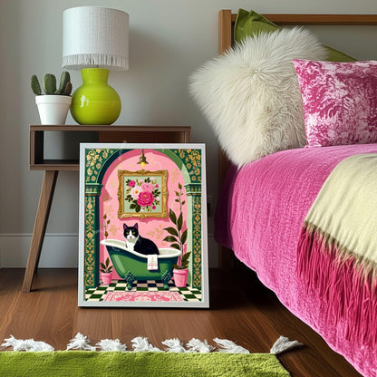 Tuxedo Cat Bathroom Art Print – Grandmacore Powder Room Decor, Pink Floral Cat Wall Art, Cat Lover Gift 2026