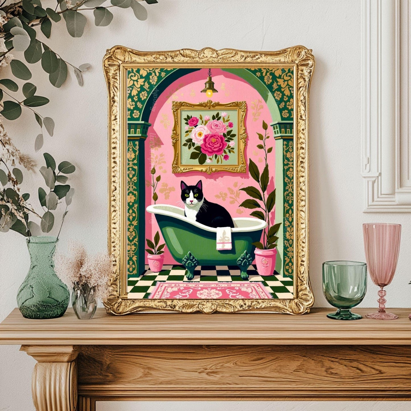 Tuxedo Cat Bathroom Art Print – Grandmacore Powder Room Decor, Pink Floral Cat Wall Art, Cat Lover Gift 2026