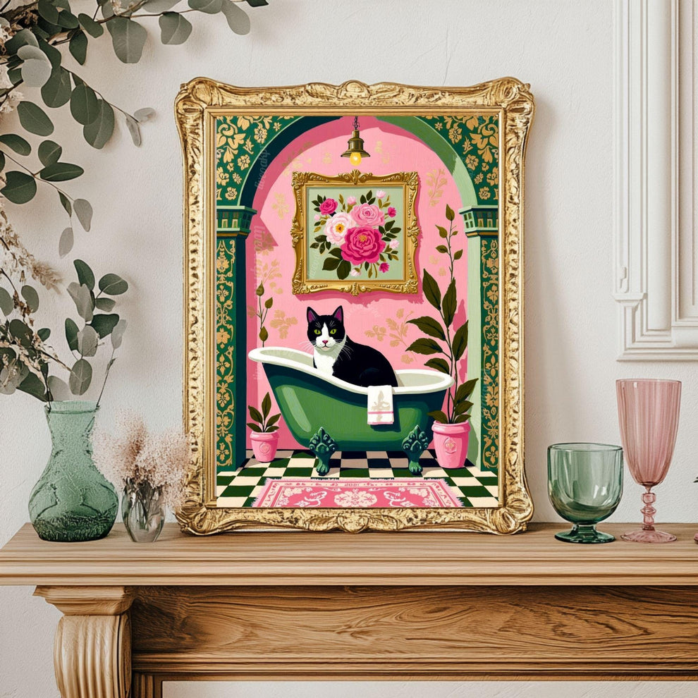 Tuxedo Cat Bathroom Art Print – Grandmacore Powder Room Decor, Pink Floral Cat Wall Art, Cat Lover Gift 2026