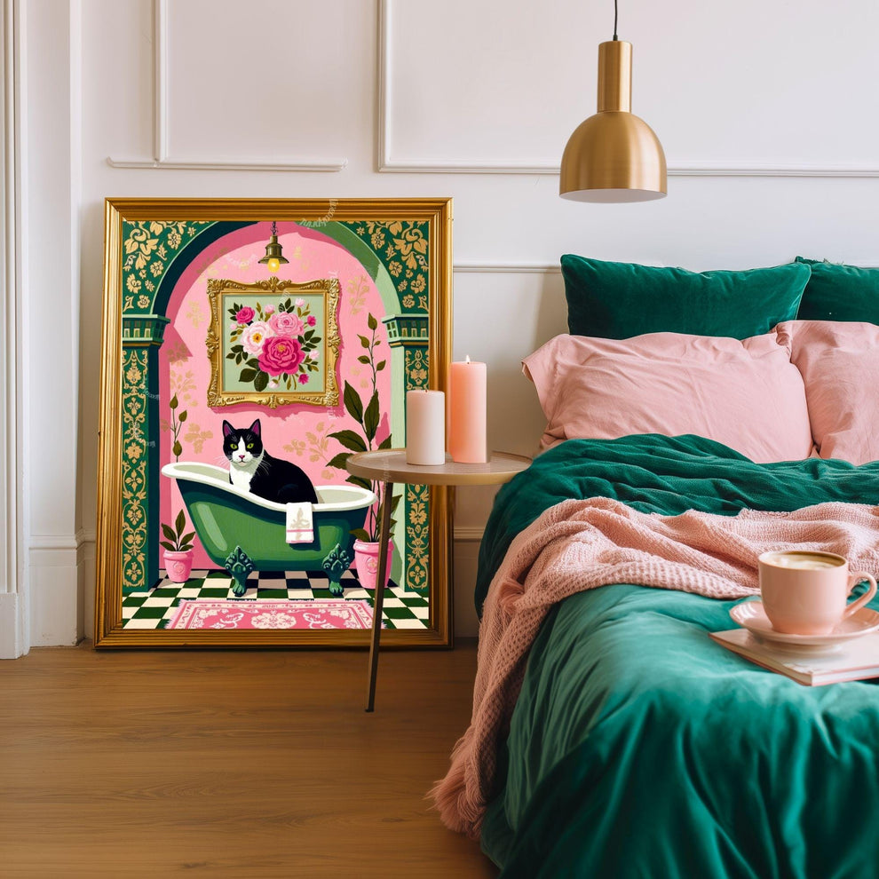 Tuxedo Cat Bathroom Art Print – Grandmacore Powder Room Decor, Pink Floral Cat Wall Art, Cat Lover Gift 2026
