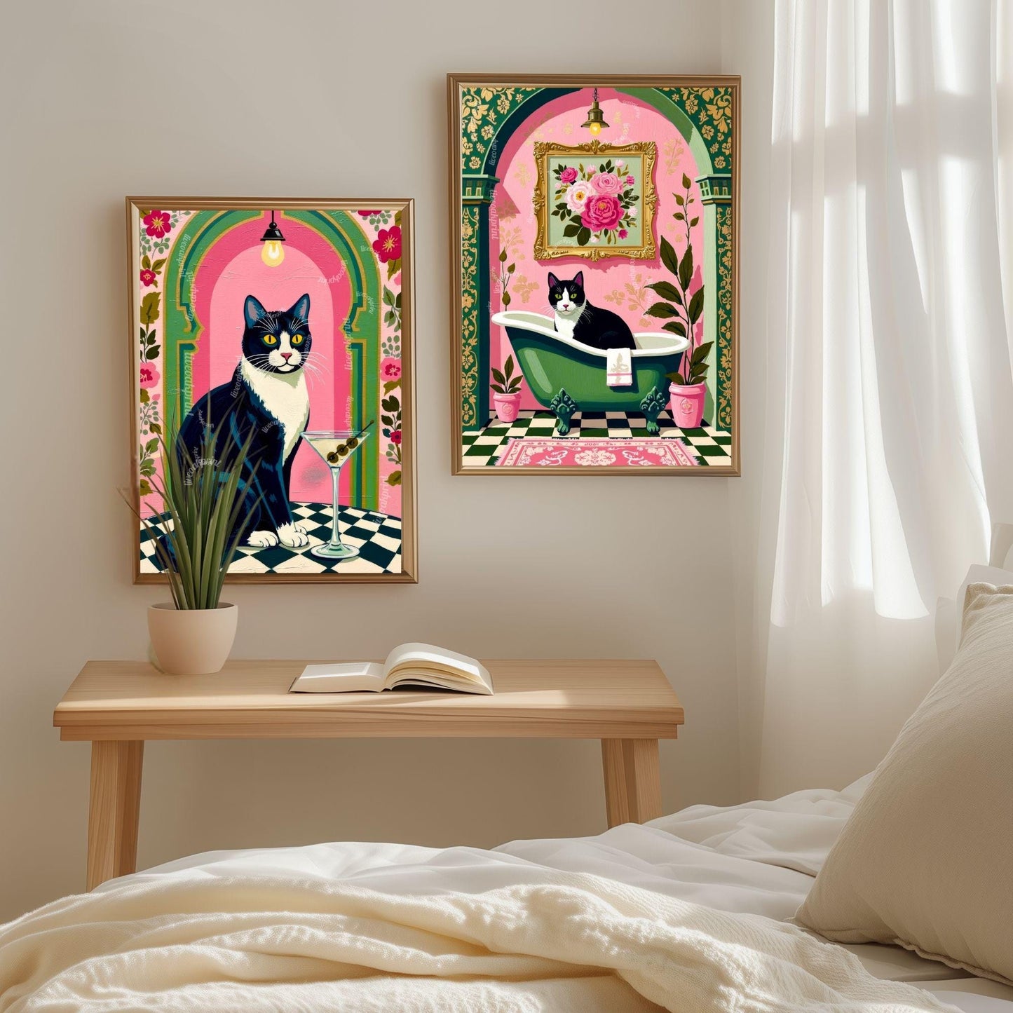 Tuxedo Cat Martini Art Print – Grandmacore Bar & Bathroom Wall Decor, Pink Floral Cat Illustration, Cat Lover Gift