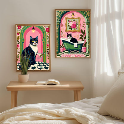 Tuxedo Cat Martini Art Print – Grandmacore Bar & Bathroom Wall Decor, Pink Floral Cat Illustration, Cat Lover Gift