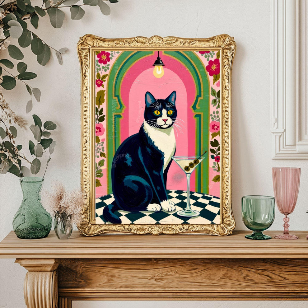 Tuxedo Cat Martini Art Print – Grandmacore Bar & Bathroom Wall Decor, Pink Floral Cat Illustration, Cat Lover Gift