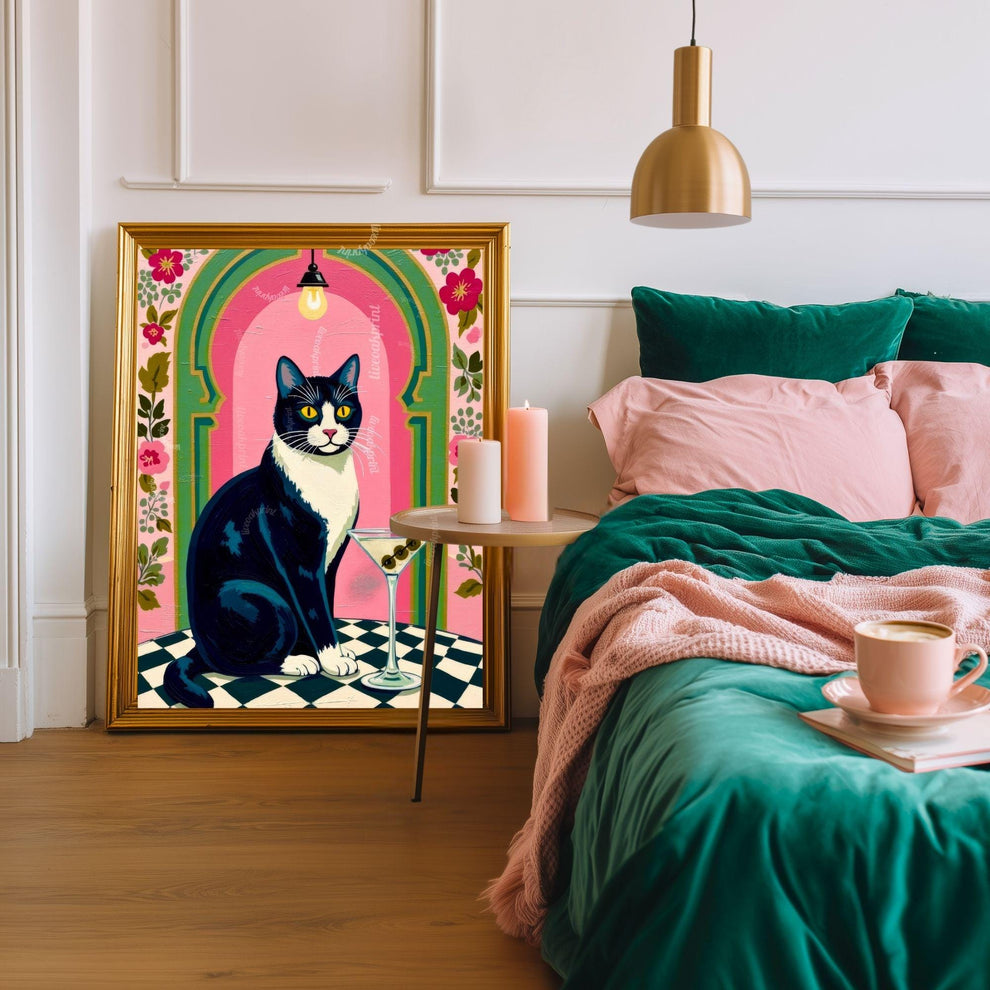 Tuxedo Cat Martini Art Print – Grandmacore Bar & Bathroom Wall Decor, Pink Floral Cat Illustration, Cat Lover Gift
