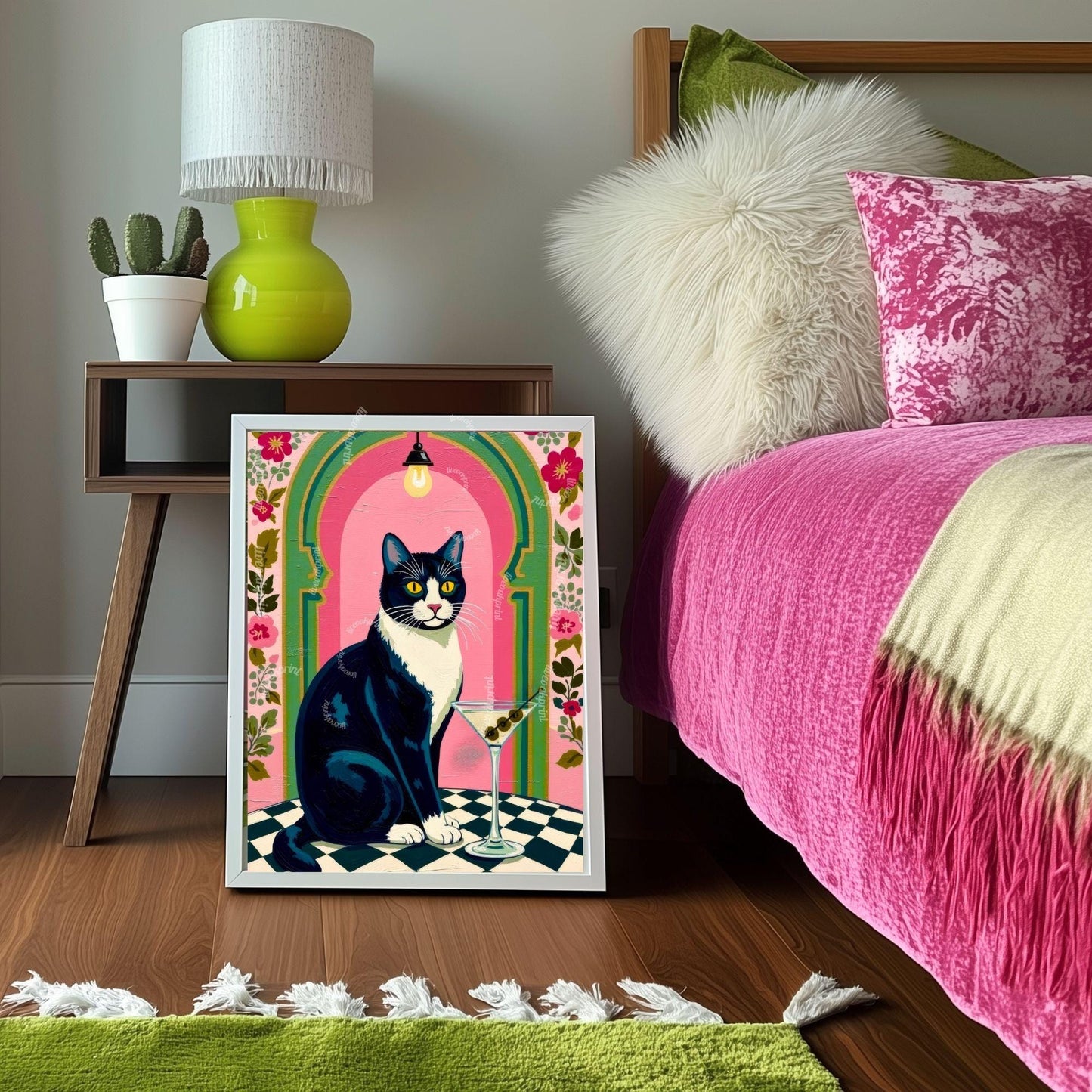 Tuxedo Cat Martini Art Print – Grandmacore Bar & Bathroom Wall Decor, Pink Floral Cat Illustration, Cat Lover Gift