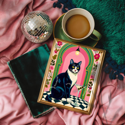 Tuxedo Cat Martini Art Print – Grandmacore Bar & Bathroom Wall Decor, Pink Floral Cat Illustration, Cat Lover Gift