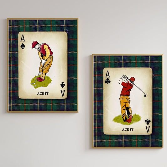 Set of Two Golf Art Prints – Retro Golfer Playing Card Wall Art Classic Golf Decor for Men’s Office Golf Gift for Husband Dad or Grandpa