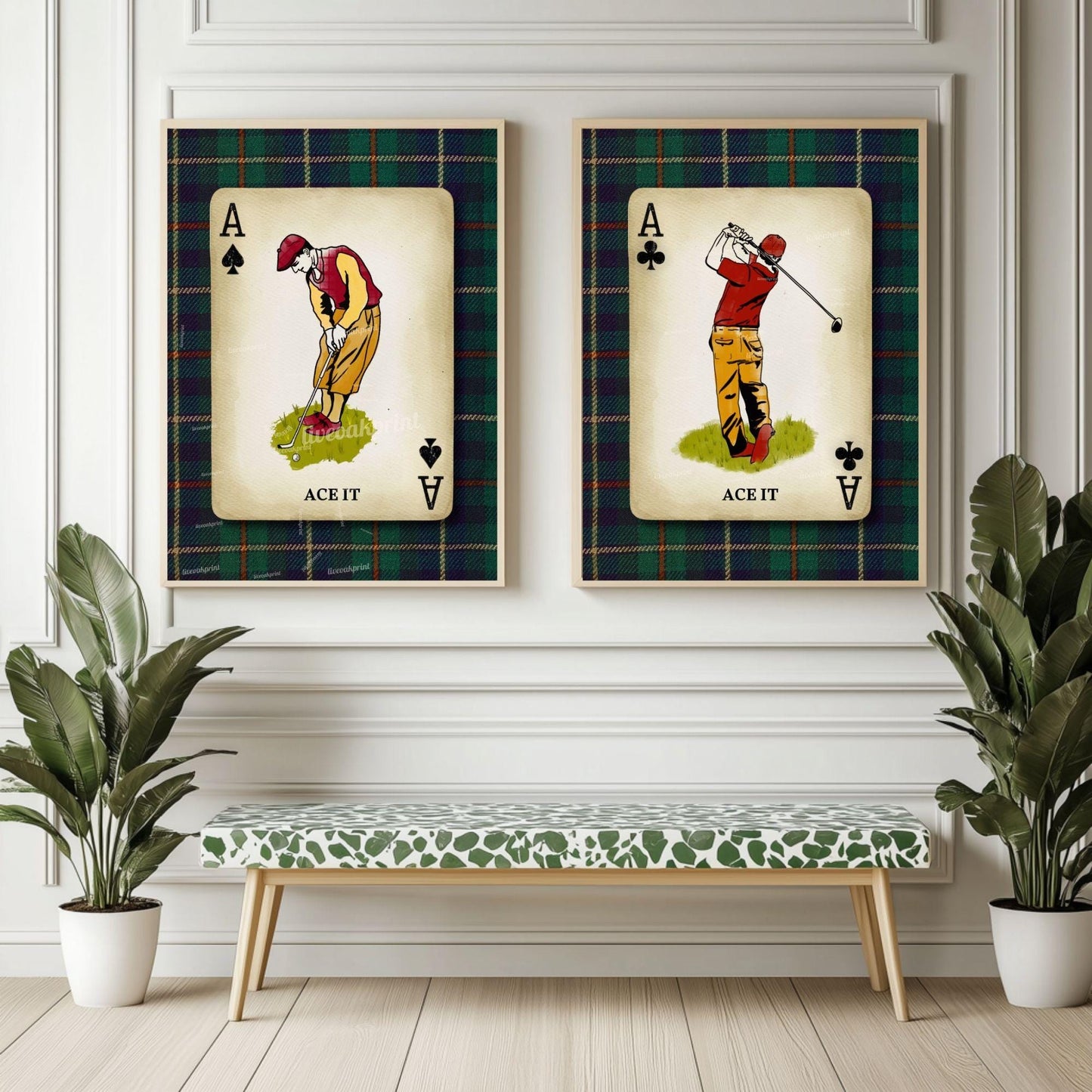 Set of Two Golf Art Prints – Retro Golfer Playing Card Wall Art Classic Golf Decor for Men’s Office Golf Gift for Husband Dad or Grandpa
