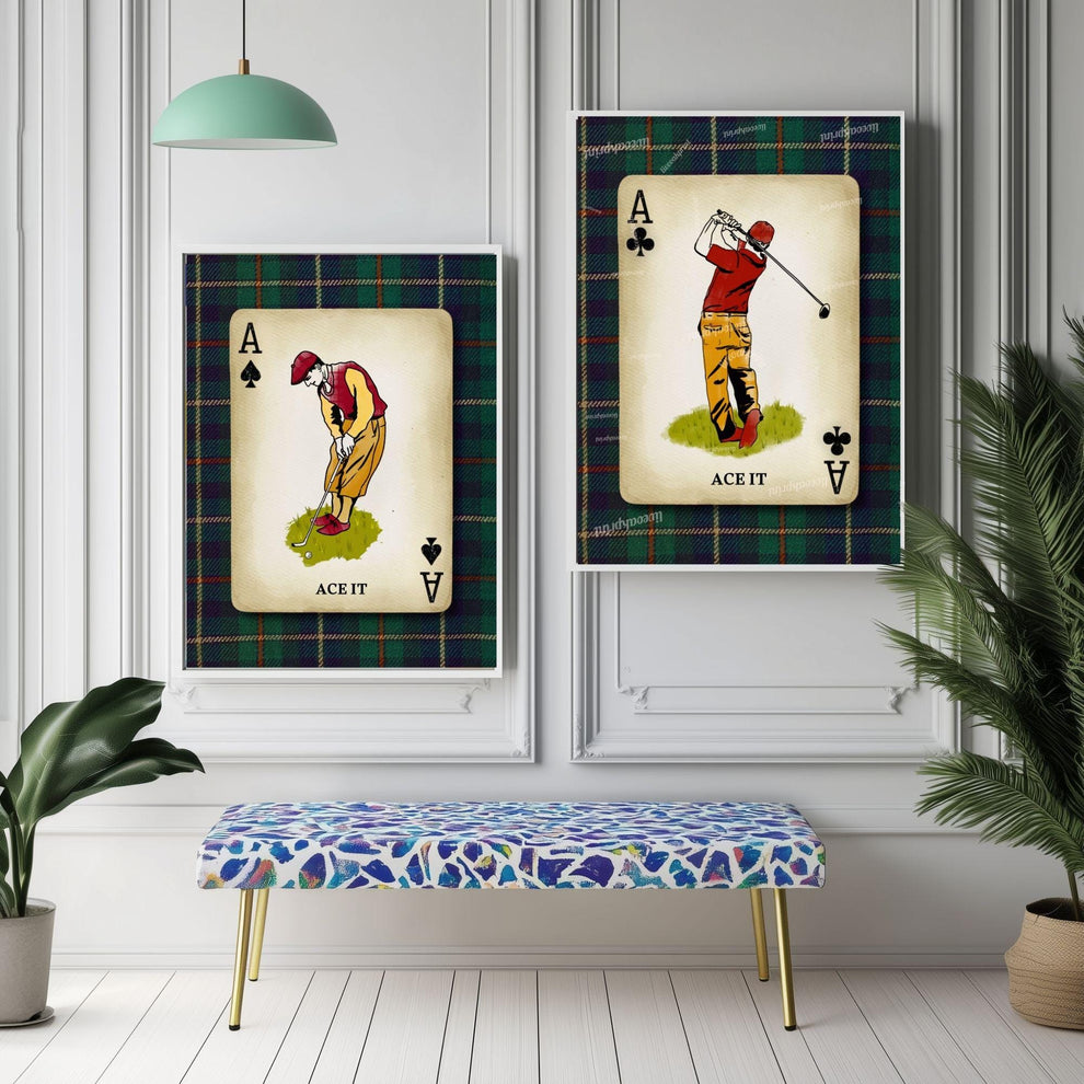 Set of Two Golf Art Prints – Retro Golfer Playing Card Wall Art Classic Golf Decor for Men’s Office Golf Gift for Husband Dad or Grandpa