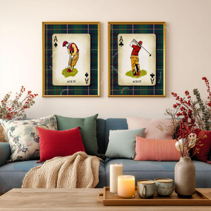 Set of Two Golf Art Prints – Retro Golfer Playing Card Wall Art Classic Golf Decor for Men’s Office Golf Gift for Husband Dad or Grandpa