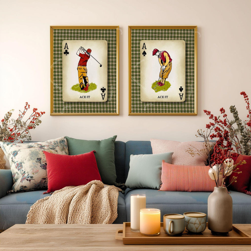 Set of Two Golf Prints For Wall – Vintage Golf Playing Card Wall Art Scotish Golf Decor Men’s Office Golf Gift for Husband Golfing Grandpa