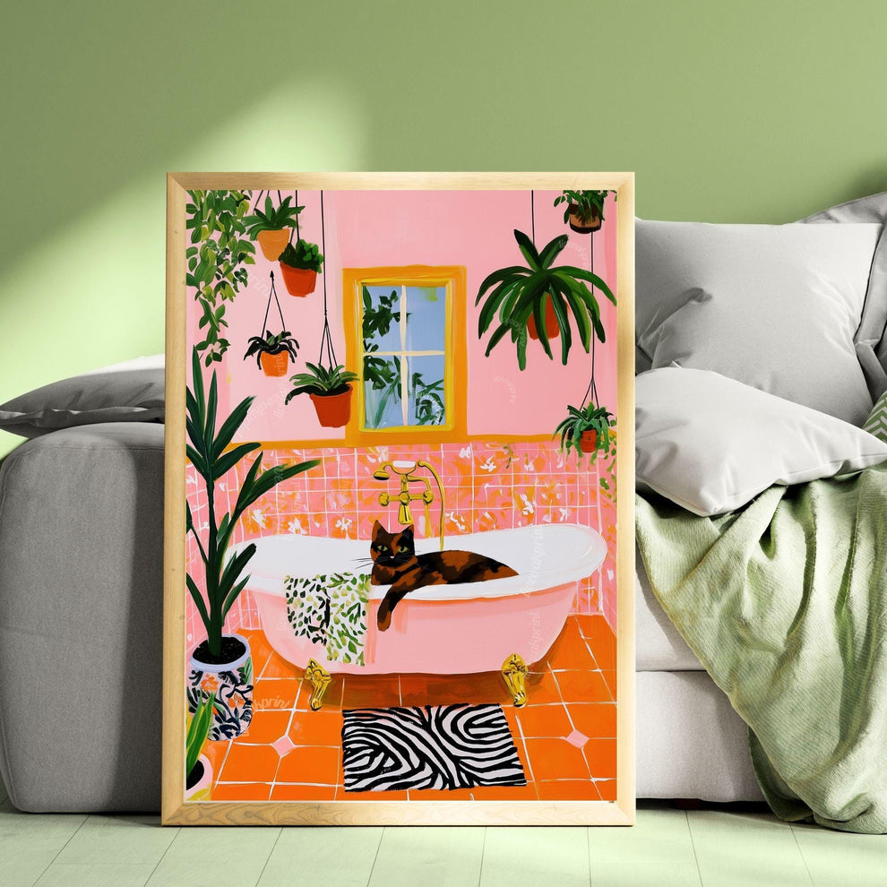 Tortie Cat In A Bathtub - Tortoiseshell Cat Art Print Cat Bathroom Wall Decor Pink Bathroom Pink Funny Bathroom Wall Decor