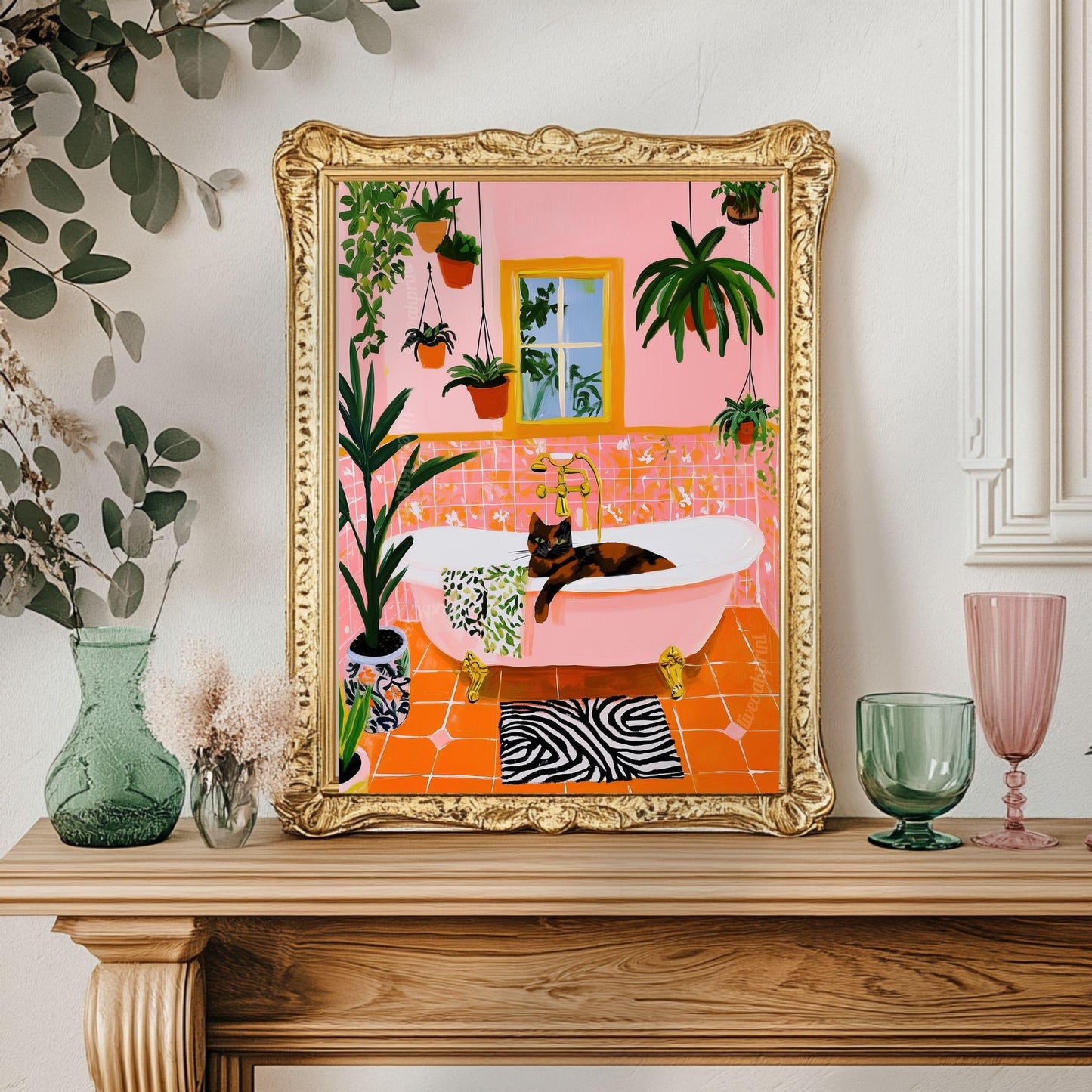 Tortie Cat In A Bathtub - Tortoiseshell Cat Art Print Cat Bathroom Wall Decor Pink Bathroom Pink Funny Bathroom Wall Decor