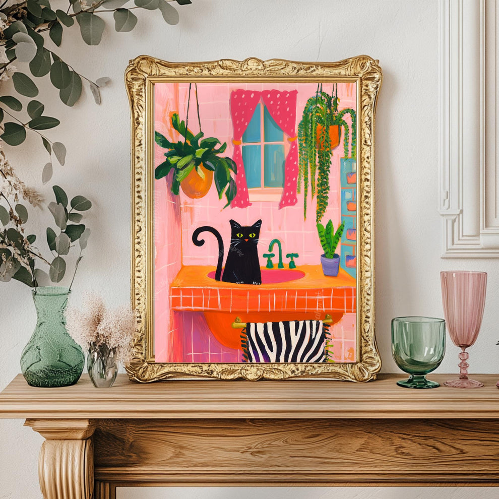Black Cat In A Sink Print - Black Cat Bathroom Art Cat Art Print For Powder Room Half Bath Wall Art Ideas Black Cat Owner Gift Polka Dots