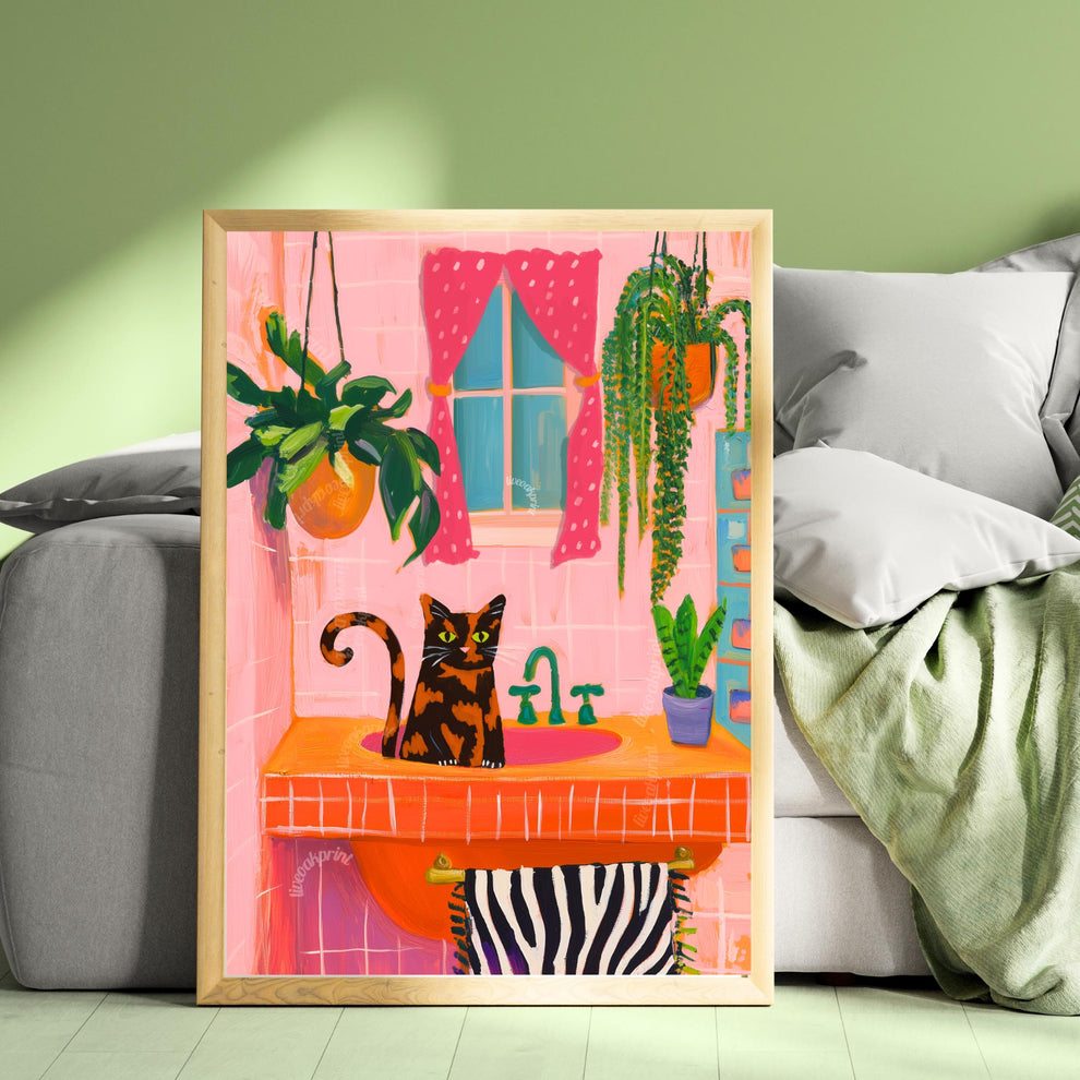 Tortie Cat In A Sink Print - Tortoiseshell Cat Bathroom Art Cat Art Print For Powder Room Half Bath Wall Art Ideas Tortie Art Polka Dots