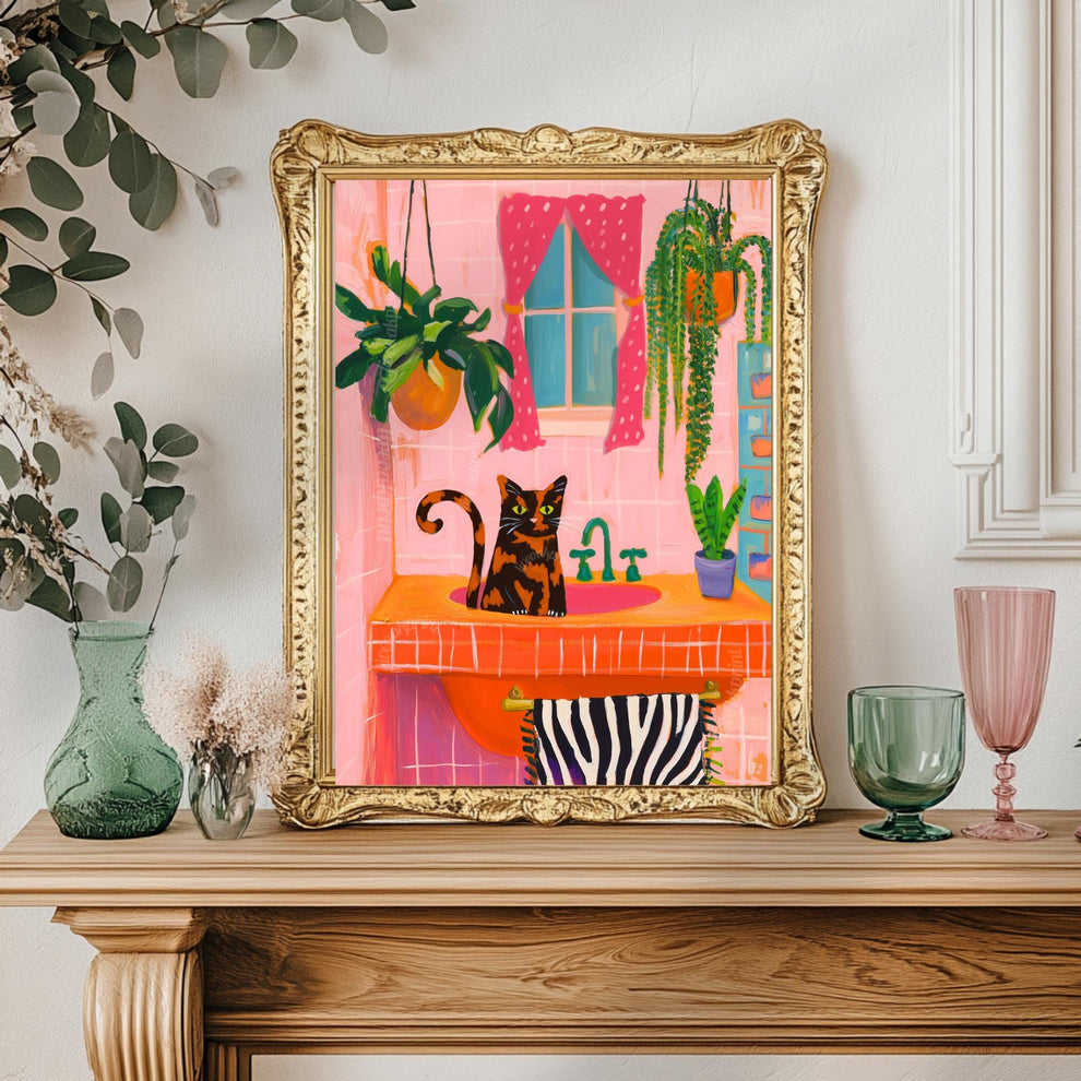 Tortie Cat In A Sink Print - Tortoiseshell Cat Bathroom Art Cat Art Print For Powder Room Half Bath Wall Art Ideas Tortie Art Polka Dots