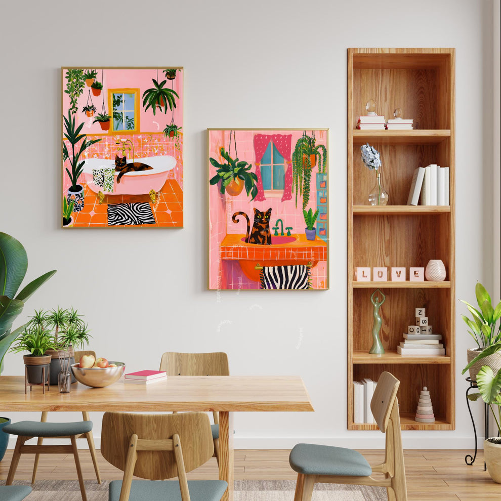Tortie Cat Bathroom Wall Art Set of Two – Tortoiseshell Cat Art For Bathroom, Powder Room Wall Decor, Pink & Orange Cat Wall Decor