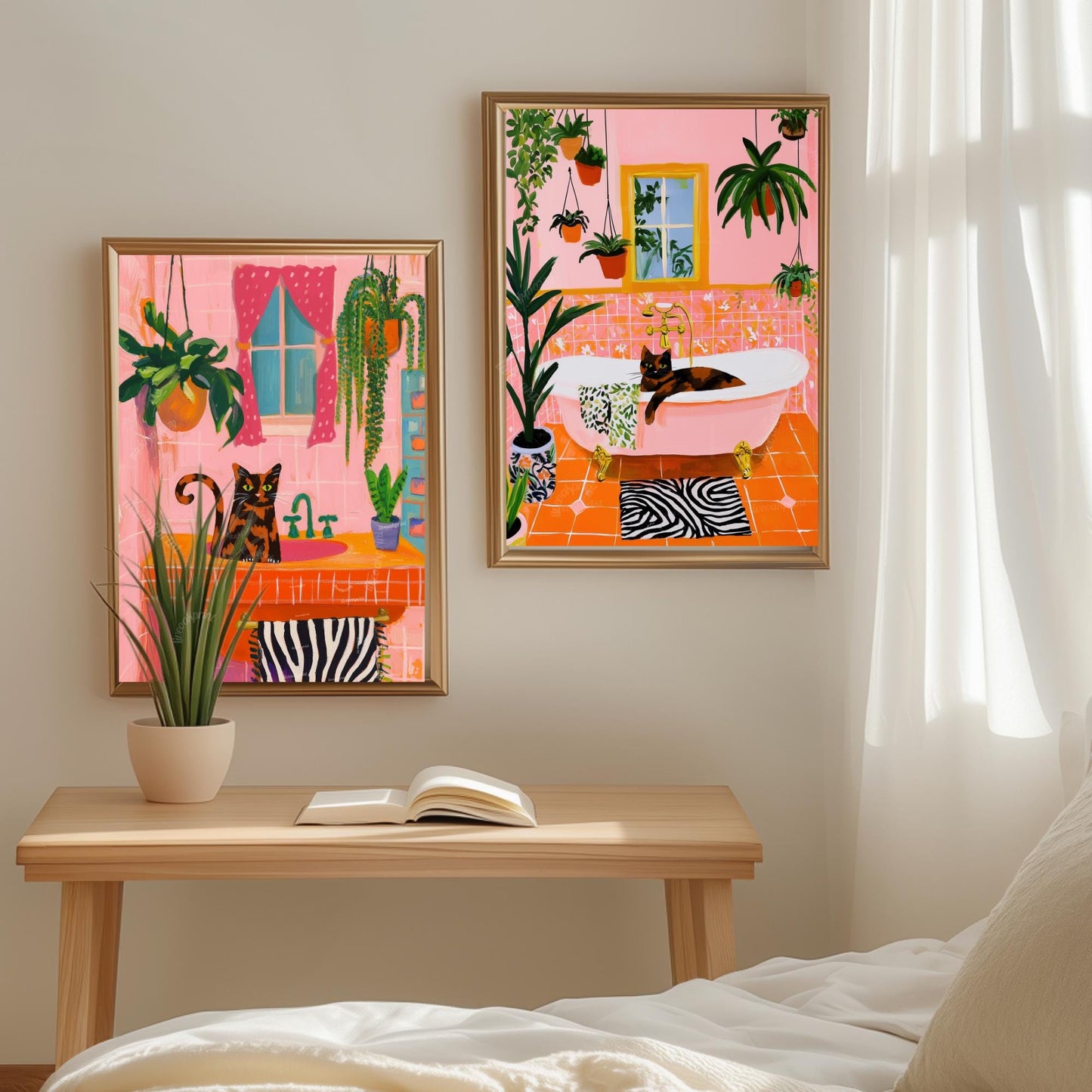 Tortie Cat Bathroom Wall Art Set of Two – Tortoiseshell Cat Art For Bathroom, Powder Room Wall Decor, Pink & Orange Cat Wall Decor