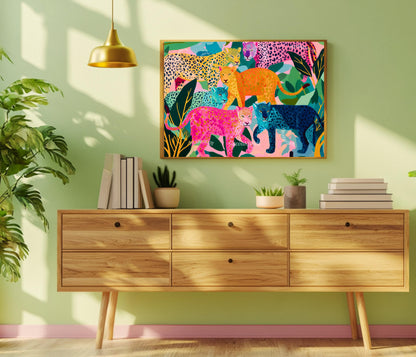 Horizontal Colorful Leopard Art Print - Whimsical Jungle Wall Art Pink & Blue Leopard Poster Modern Maximalist Animal Decor Framed