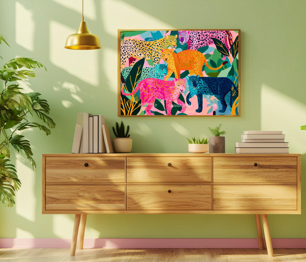 Horizontal Colorful Leopard Art Print - Whimsical Jungle Wall Art Pink & Blue Leopard Poster Modern Maximalist Animal Decor Framed