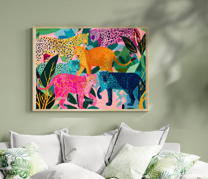 Horizontal Colorful Leopard Art Print - Whimsical Jungle Wall Art Pink & Blue Leopard Poster Modern Maximalist Animal Decor Framed