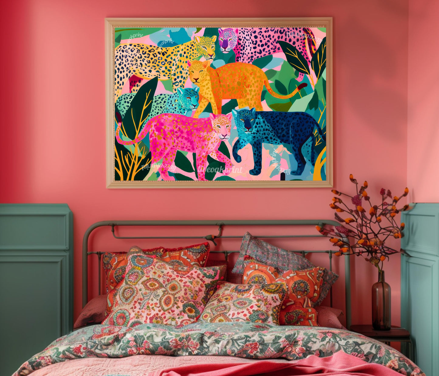 Horizontal Colorful Leopard Art Print - Whimsical Jungle Wall Art Pink & Blue Leopard Poster Modern Maximalist Animal Decor Framed