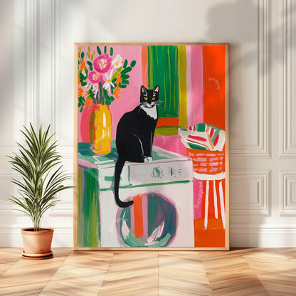 Tuxedo Cat In A Laundry Room Art Print - Cat Washroom Wall Decor