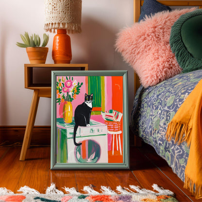 Tuxedo Cat In A Laundry Room Art Print - Cat Washroom Wall Decor