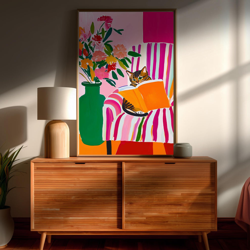 Brown Tabby Cat Reading Print – Brown Tabby Wall Art Cozy Reading Nook Decor Tabby Cat Gift for Book Lovers Dopamine Bookish Wall Art