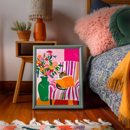 Brown Tabby Cat Reading Print – Brown Tabby Wall Art Cozy Reading Nook Decor Tabby Cat Gift for Book Lovers Dopamine Bookish Wall Art