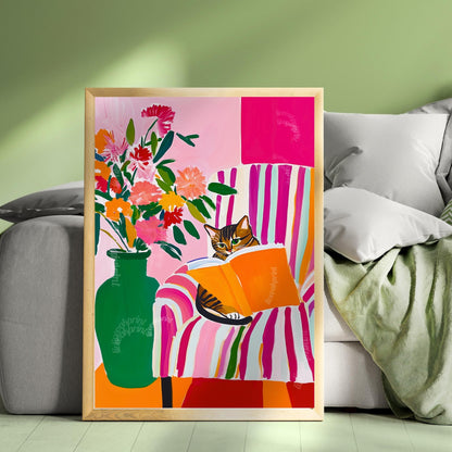 Brown Tabby Cat Reading Print – Brown Tabby Wall Art Cozy Reading Nook Decor Tabby Cat Gift for Book Lovers Dopamine Bookish Wall Art