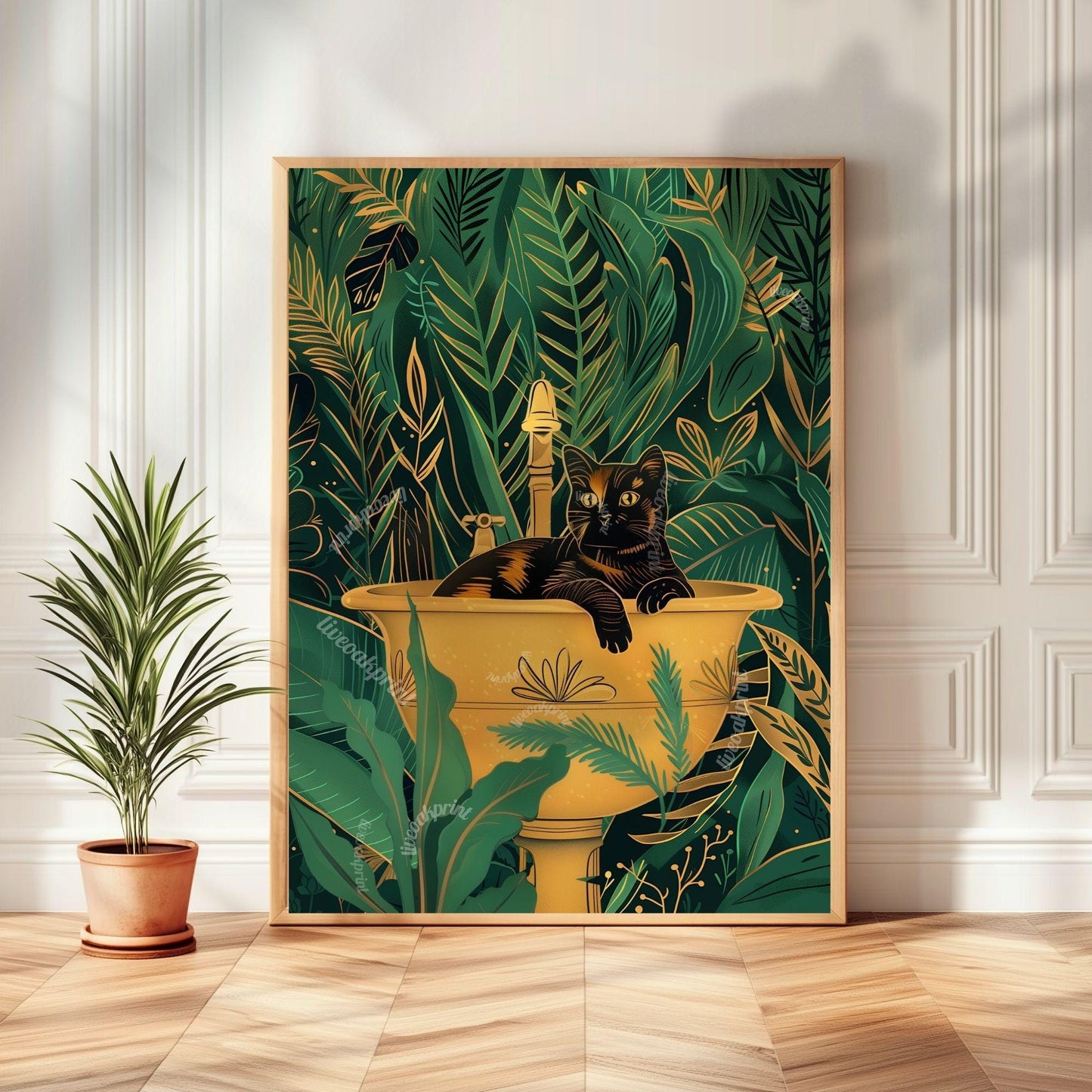 Cat in A Sink Print - Green and Gold Tortoiseshell Cat