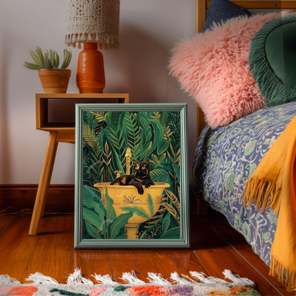 Cat in A Sink Print - Green and Gold Tortoiseshell Cat