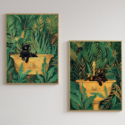 Cats in Bathtub and Sink Prints – Green Gold Tropical Bathroom Wall Art