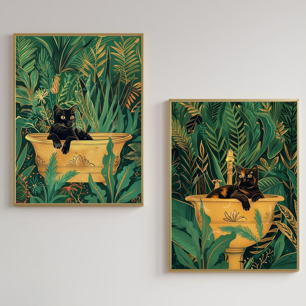 Cats in Bathtub and Sink Prints – Green Gold Tropical Bathroom Wall Art