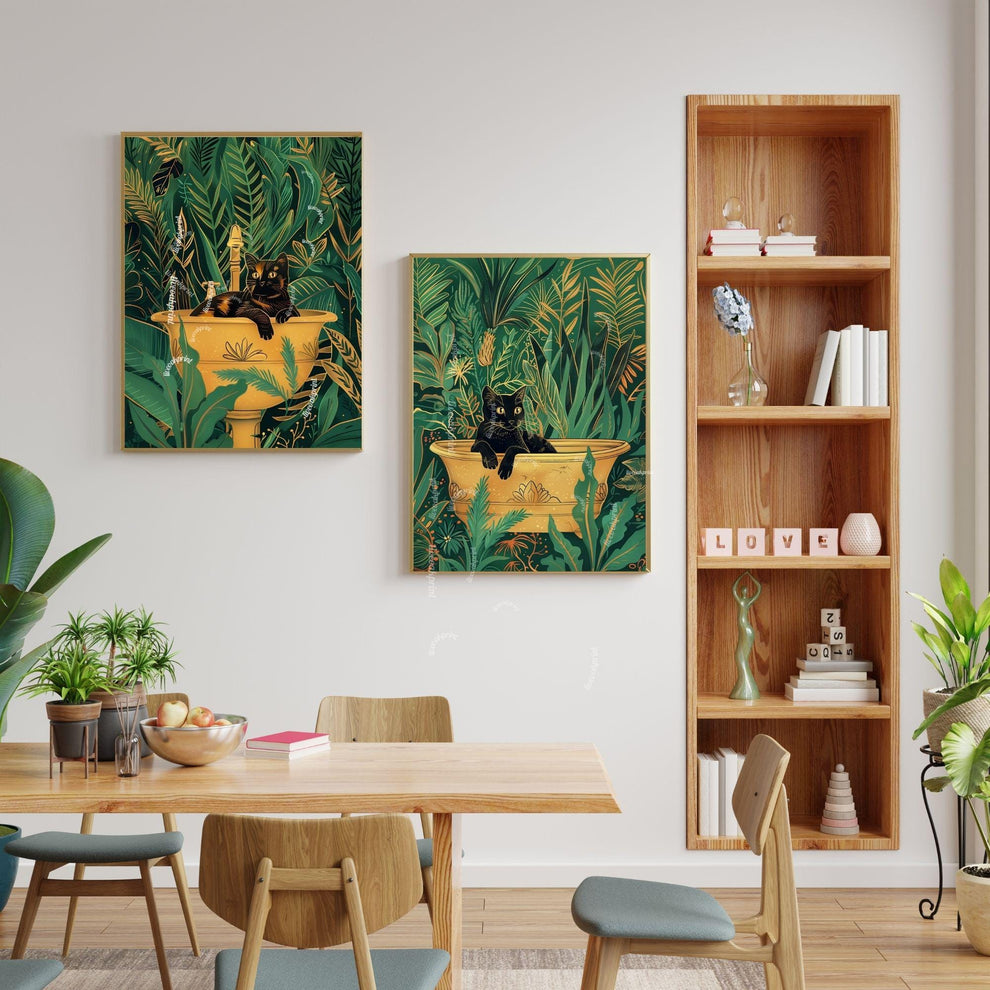 Cats in Bathtub and Sink Prints – Green Gold Tropical Bathroom Wall Art