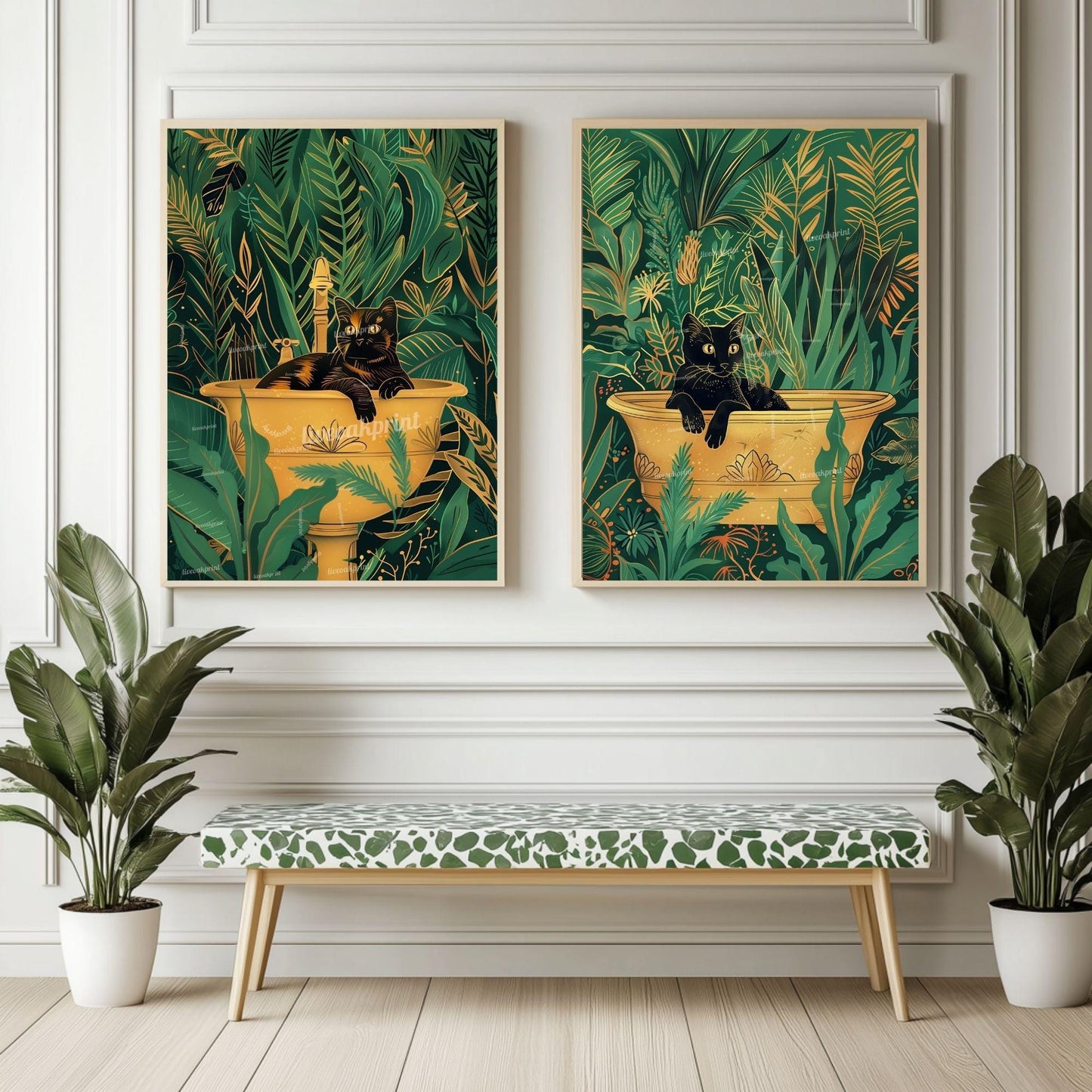 Cats in Bathtub and Sink Prints – Green Gold Tropical Bathroom Wall Art