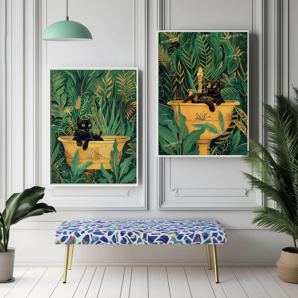 Cats in Bathtub and Sink Prints – Green Gold Tropical Bathroom Wall Art