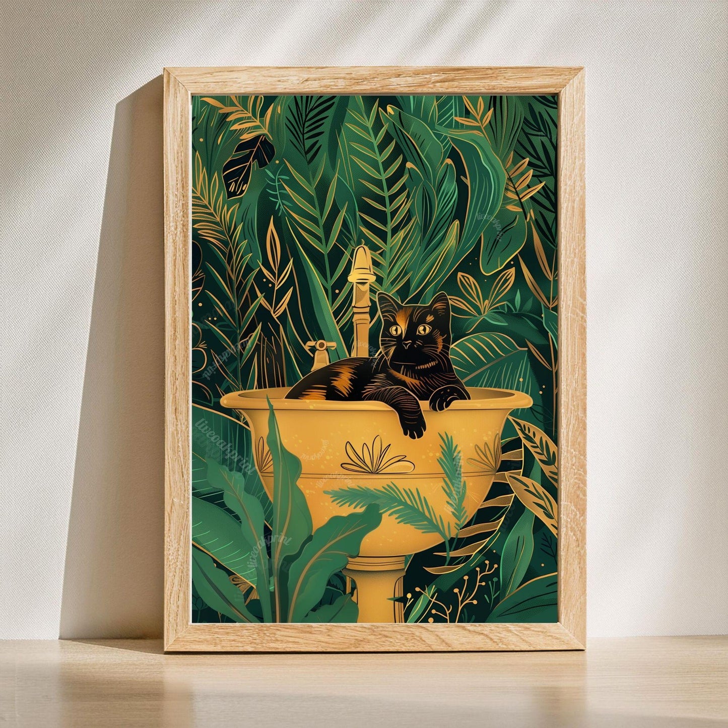 Cats in Bathtub and Sink Prints – Green Gold Tropical Bathroom Wall Art
