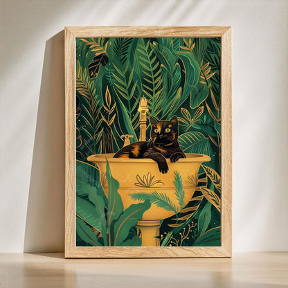 Cats in Bathtub and Sink Prints – Green Gold Tropical Bathroom Wall Art