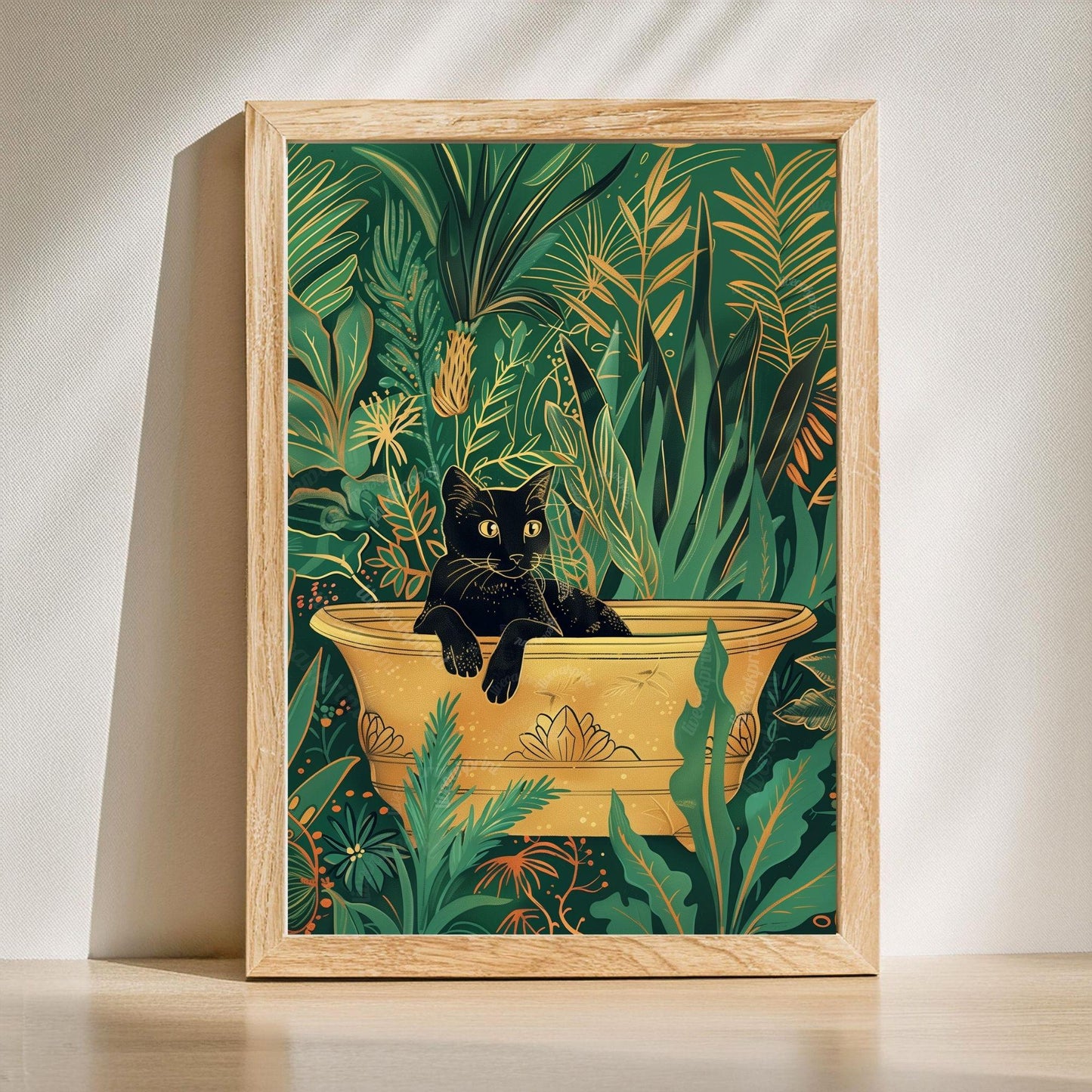 Cats in Bathtub and Sink Prints – Green Gold Tropical Bathroom Wall Art