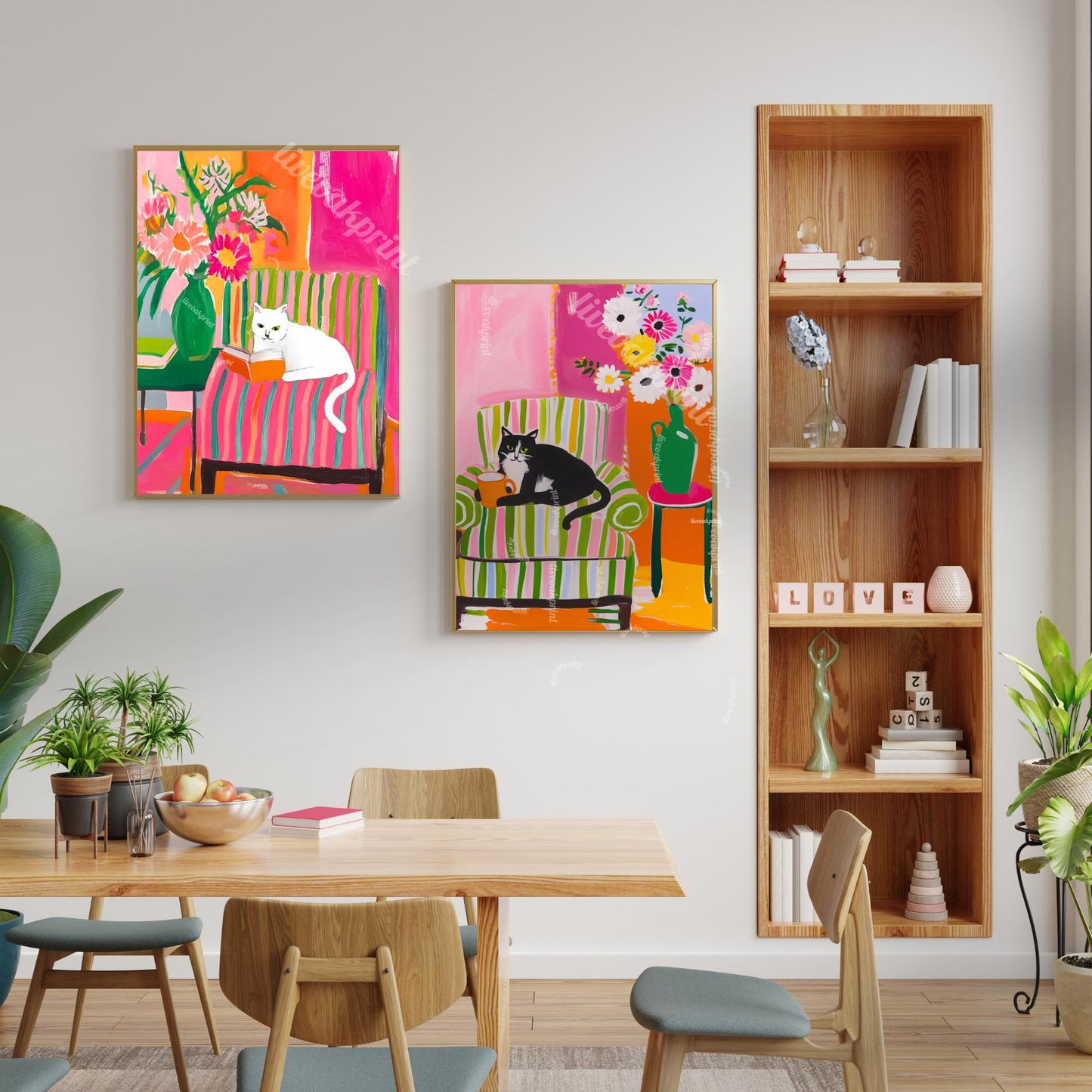 Tuxedo Cat Coffee Print – Colorful Maximalist Wall Art Kitchen Coffee Bar Decor Pink Green Orange Cat Lover Gift Dopamine Decor