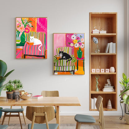 Tuxedo Cat Coffee Print – Colorful Maximalist Wall Art Kitchen Coffee Bar Decor Pink Green Orange Cat Lover Gift Dopamine Decor