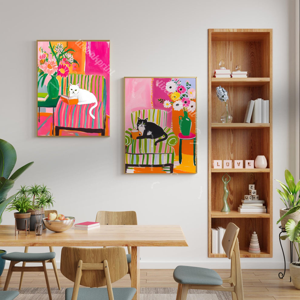 Tuxedo Cat Coffee Print – Colorful Maximalist Wall Art Kitchen Coffee Bar Decor Pink Green Orange Cat Lover Gift Dopamine Decor