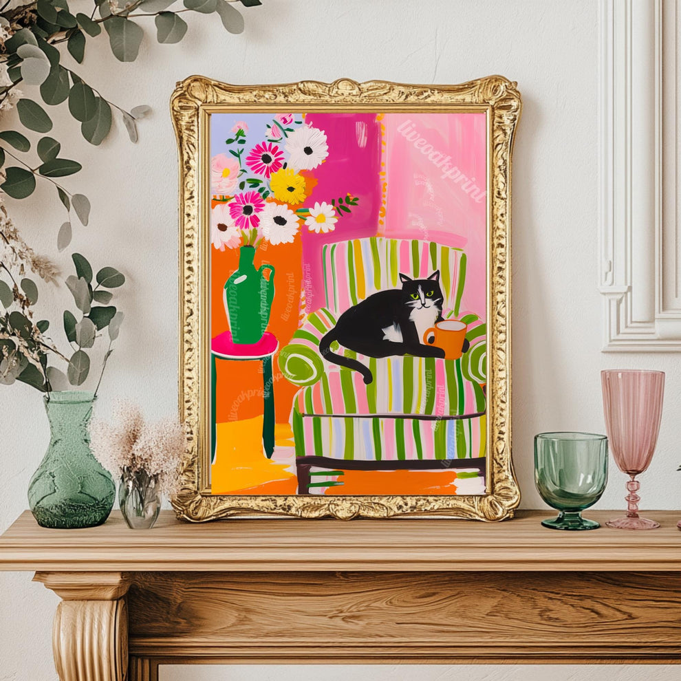Tuxedo Cat Coffee Print – Colorful Maximalist Wall Art Kitchen Coffee Bar Decor Pink Green Orange Cat Lover Gift Dopamine Decor