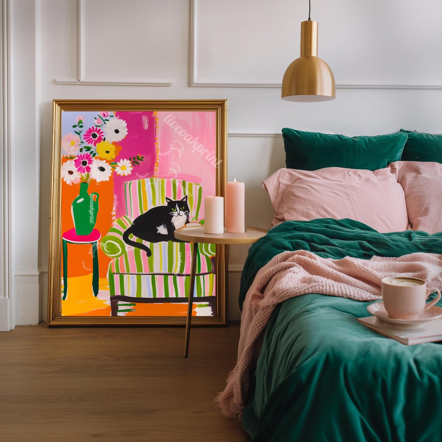 Tuxedo Cat Coffee Print – Colorful Maximalist Wall Art Kitchen Coffee Bar Decor Pink Green Orange Cat Lover Gift Dopamine Decor